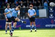27 March 2023; Harrison McMahon of St Michael’s College kicks a penalty during the Bank of Ireland Leinster Rugby Schools Junior Cup Final match between St Michael's College and Blackrock College at Energia Park in Dublin. Photo by Harry Murphy/Sportsfile