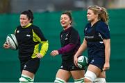28 March 2023; Ireland players, from right, Dorothy Wall, Maeve Óg O’Leary, and Hannah O’Connor during a Ireland Women's Rugby squad training session at IRFU High Performance Centre at the Sport Ireland Campus in Dublin. Photo by Ramsey Cardy/Sportsfile