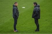 31 March 2023; Shelbourne manager Damien Duff, left, and Derry City head coach Ruaidhrí Higgins before the SSE Airtricity Men's Premier Division match between Shelbourne and Derry City at Tolka Park in Dublin. Photo by Seb Daly/Sportsfile