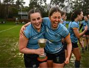 31 March 2023; Emma Kelly and Allie Culliton of UCD after their side's victory in the Annual Women's Rugby Colours match between University College Dublin and Dublin University at UCD Bowl in Belfield, Dublin. Photo by Harry Murphy/Sportsfile