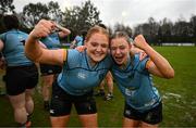 31 March 2023; Wren Higgins and Tara Hegarty of UCD after their side's victory in the Annual Women's Rugby Colours match between University College Dublin and Dublin University at UCD Bowl in Belfield, Dublin. Photo by Harry Murphy/Sportsfile
