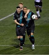 31 March 2023; Graham Burke of Shamrock Rovers, right, celebrates with team mate Aaron Greene after he scored their side's fourth goal during the SSE Airtricity Men's Premier Division match between Dundalk and Shamrock Rovers at Oriel Park in Dundalk, Louth. Photo by Ramsey Cardy/Sportsfile
