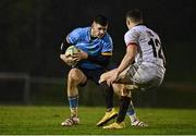 31 March 2023; Chris Cosgrave of UCD in action against Gavin Jones of DUFC during the annual rugby colours match between University College Dublin and Dublin University at the UCD Bowl in Belfield, Dublin. Photo by Sam Barnes/Sportsfile