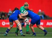 1 April 2023; Sam Monaghan of Ireland is tackled by Annaelle Deshayes and Manae Feleu of France during the TikTok Women's Six Nations Rugby Championship match between Ireland and France at Musgrave Park in Cork. Photo by Brendan Moran/Sportsfile