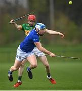 1 April 2023; Matthew Hynes of Cavan in action against Paul Lenehan of Leitrim during the Allianz Hurling League Division 3B Final match between Cavan and Leitrim at GAA National Games Development Centre in Sport Ireland Campus in Dublin. Photo by David Fitzgerald/Sportsfile