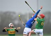1 April 2023; Seán Keating of Cavan in action against Jerome Fitzgibbon of Leitrim during the Allianz Hurling League Division 3B Final match between Cavan and Leitrim at GAA National Games Development Centre in Sport Ireland Campus in Dublin. Photo by David Fitzgerald/Sportsfile