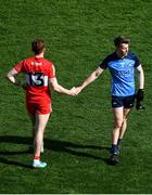 2 April 2023; Daire Newcombe of Dublin and Lachlan Murray of Derry after the Allianz Football League Division 2 Final match between Dublin and Derry at Croke Park in Dublin. Photo by Tyler Miller/Sportsfile