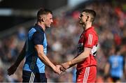 2 April 2023; Ciarán Kilkenny of Dublin and Matthew Downey of Derry shake hands after the Allianz Football League Division 2 Final match between Dublin and Derry at Croke Park in Dublin. Photo by Sam Barnes/Sportsfile