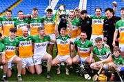 2 April 2023; Joey Keenaghan of Offaly celebrates with the cup after his side's victory in the Allianz Hurling League Division 2A Final match between Kildare and Offaly at Laois Hire O'Moore Park in Portlaoise, Laois. Photo by Piaras Ó Mídheach/Sportsfile