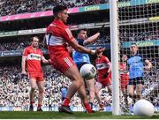 2 April 2023; Daire Newcombe of Dublin looks on a his attempt at goal hits the post during the Allianz Football League Division 2 Final match between Dublin and Derry at Croke Park in Dublin. Photo by Sam Barnes/Sportsfile