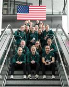 3 April 2023; The Republic of Ireland women's squad pose for a picture at Dublin Airport ahead of the Republic of Ireland women's flight to the USA for their international friendly double header against USA in Austin and St Louis. Photo by Stephen McCarthy/Sportsfile