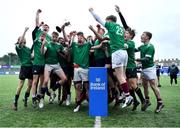 5 April 2023; The South East team celebrate with the Shane Horgan cup after their side's victory in the Shane Horgan Round Five match between South East and North Midlands at Energia Park in Dublin. Photo by Tyler Miller/Sportsfile