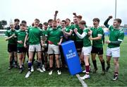 5 April 2023; The South East team celebrate with the Shane Horgan cup after their side's victory in the Shane Horgan Round Five match between South East and North Midlands at Energia Park in Dublin. Photo by Tyler Miller/Sportsfile