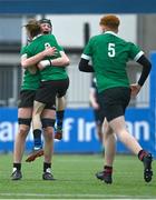 5 April 2023; James Kehoe of South East celebrates with teamamte James Stewart, left, after their side's victory in the Shane Horgan Round Five match between South East and North Midlands at Energia Park in Dublin. Photo by Tyler Miller/Sportsfile