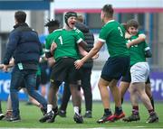 5 April 2023; James Kehoe of South East centre, celebrates with teammates Caleb Oglesby, left, and Kirill Dovbijenko after their side's victory in the Shane Horgan Round Five match between South East and North Midlands at Energia Park in Dublin. Photo by Tyler Miller/Sportsfile