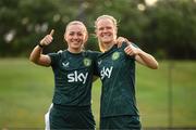 5 April 2023; Katie McCabe, left, and Diane Caldwell during a Republic of Ireland women training session at Lewis-Chen Family Field in Austin, Texas, USA. Photo by Stephen McCarthy/Sportsfile