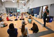 6 April 2023; Consul General of Ireland Robert Hull speaking to fifth grade students during a Ladies Football coaching clinic at the Casis Elementary School during the 2023 TG4 LGFA All-Star Tour to Austin in Texas, USA. Photo by Brendan Moran/Sportsfile