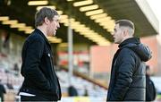 7 April 2023; Bohemians chief operating officer Daniel Lambert, left, and Liam Burt of Shamrock Rovers before the SSE Airtricity Men's Premier Division match between Bohemians and Shamrock Rovers at Dalymount Park in Dublin. Photo by Seb Daly/Sportsfile