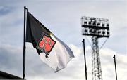 7 April 2023; A Dundalk flag flutters in the wind before the SSE Airtricity Men's Premier Division match between Dundalk and Sligo Rovers at Oriel Park in Dundalk, Louth. Photo by Ben McShane/Sportsfile