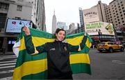 7 April 2023; Leitrim supporter Eimhear Hitchen from Carrick on Shannon in front of the Empire State building before the Connacht GAA Football Senior Championship quarter-final match between New York and Leitrim at Gaelic Park in New York, USA. Photo by David Fitzgerald/Sportsfile