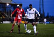 7 April 2023; Rayhaan Tulloch of Dundalk in action against Frank Liivak of Sligo Rovers during the SSE Airtricity Men's Premier Division match between Dundalk and Sligo Rovers at Oriel Park in Dundalk, Louth. Photo by Ben McShane/Sportsfile