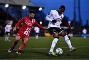 7 April 2023; Rayhaan Tulloch of Dundalk in action against Frank Liivak of Sligo Rovers during the SSE Airtricity Men's Premier Division match between Dundalk and Sligo Rovers at Oriel Park in Dundalk, Louth. Photo by Ben McShane/Sportsfile