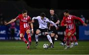 7 April 2023; Alfie Lewis of Dundalk in action against Lukas Browning, left, and Stefan Radosavljevic of Sligo Rovers during the SSE Airtricity Men's Premier Division match between Dundalk and Sligo Rovers at Oriel Park in Dundalk, Louth. Photo by Ben McShane/Sportsfile