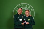 7 April 2023; Denise O'Sullivan is presented with the captain's arm band by Katie McCabe after receiving her 100th Republic of Ireland cap at the team hotel in Austin, Texas, USA. Photo by Stephen McCarthy/Sportsfile