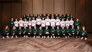 7 April 2023; Republic of Ireland players and staff pose for a photograph following a 100th Republic of Ireland cap presentation to Denise O'Sullivan at the team hotel in Austin, Texas, USA. Photo by Stephen McCarthy/Sportsfile