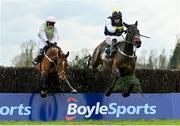 8 April 2023; Instit, right, with Danny Mullins up, jumps the last on their way to winning the BoyleSports Mares Novice Steeplechase, from second place Allegorie De Vassy, left, with Paul Townend up, on day one of the Fairyhouse Easter Festival at Fairyhouse Racecourse in Ratoath, Meath. Photo by Seb Daly/Sportsfile