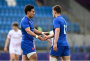 8 April 2023; Kalvin Gourgues and Robin Taccola of France during the U18 Six Nations Festival match between England and France at Energia Park in Dublin. Photo by Harry Murphy/Sportsfile