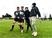 9 April 2023; Padraig Mahon, left, and Ioan Lewis of Kilkenny celebrate with supporters after the Bank of Ireland Provincial Towns Cup Semi-Final match between Kilkenny RFC and Cill Dara RFC at Portlaoise RFC in Portlaoise, Laois. Photo by Ben McShane/Sportsfile