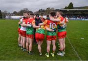 9 April 2023; The Carlow huddle ahead of the Leinster GAA Football Senior Championship Round 1 match between Wicklow and Carlow at Echelon Park in Aughrim, Wicklow. Photo by Daire Brennan/Sportsfile