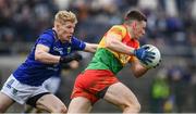 9 April 2023; Mikey Bambrick of Carlow in action against Mark Kenny of Wicklow during the Leinster GAA Football Senior Championship Round 1 match between Wicklow and Carlow at Echelon Park in Aughrim, Wicklow. Photo by Daire Brennan/Sportsfile