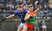 9 April 2023; Liam Roberts of Carlow in action against Gearóid Murphy of Wicklow during the Leinster GAA Football Senior Championship Round 1 match between Wicklow and Carlow at Echelon Park in Aughrim, Wicklow. Photo by Daire Brennan/Sportsfile