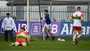 9 April 2023; Eoin Darcy of Wicklow celebrates after scoring his side's second goal during the Leinster GAA Football Senior Championship Round 1 match between Wicklow and Carlow at Echelon Park in Aughrim, Wicklow. Photo by Daire Brennan/Sportsfile