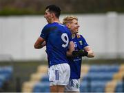 9 April 2023; Wicklow players Pádraig O’Toole, left, and Mark Kenny celebrate after the Leinster GAA Football Senior Championship Round 1 match between Wicklow and Carlow at Echelon Park in Aughrim, Wicklow. Photo by Daire Brennan/Sportsfile