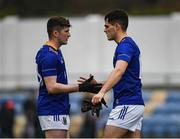 9 April 2023; Wicklow players Tom Moran, left, and Eoin Darcy celebrate after the Leinster GAA Football Senior Championship Round 1 match between Wicklow and Carlow at Echelon Park in Aughrim, Wicklow. Photo by Daire Brennan/Sportsfile