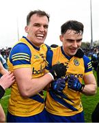 9 April 2023; Enda Smith, left, and Conor Hussey of Roscommon celebrate after their side's victory in the Connacht GAA Football Senior Championship Quarter-Final match between Mayo and Roscommon at Hastings Insurance MacHale Park in Castlebar, Mayo. Photo by Ramsey Cardy/Sportsfile