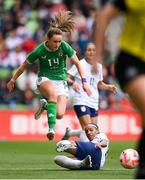 8 April 2023; Heather Payne of Republic of Ireland in action against Crystal Dunn of United States during the women's international friendly match between USA and Republic of Ireland at the Q2 Stadium in Austin, Texas, USA. Photo by Stephen McCarthy/Sportsfile
