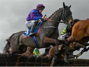 10 April 2023; Telecon, with Ricky Doyle up, jumps the second on their way to winning the Farmhouse Foods Novice Handicap Hurdle on day three of the Fairyhouse Easter Festival at Fairyhouse Racecourse in Ratoath, Meath. Photo by Seb Daly/Sportsfile