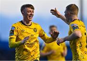 10 April 2023; Chris Forrester of St Patrick's Athletic celebrates with teammate Mark Doyle, right, after scoring their side's second goal during the SSE Airtricity Men's Premier Division match between Drogheda United and St Patrick's Athletic at Weaver's Park in Drogheda, Louth. Photo by Ben McShane/Sportsfile
