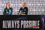 10 April 2023; Manager Vera Pauw, right, and Megan Connolly during a Republic of Ireland women press conference at Citypark in St Louis, Missouri, USA. Photo by Stephen McCarthy/Sportsfile