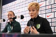 10 April 2023; Manager Vera Pauw, right, and Megan Connolly during a Republic of Ireland women press conference at Citypark in St Louis, Missouri, USA. Photo by Stephen McCarthy/Sportsfile