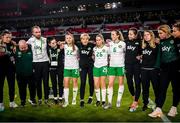 11 April 2023; Republic of Ireland players and staff, from left, masseuse Hannah Tobin Jones, FAI communications executive Gareth Maher, video analyst Andrew Holt, masseuse Suzie Coffey, Kyra Carusa, manager Vera Pauw, Tara O'Hanlon, Megan Connolly, physiotherapist Angela Kenneally, kit and equipment manager Orla Haran, Aoife Mannion, team doctor Siobhan Forman and Diane Caldwell after the women's international friendly match between USA and Republic of Ireland at CITYPARK in St Louis, Missouri, USA. Photo by Stephen McCarthy/Sportsfile