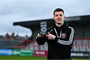 13 April 2023; Ali Coote of Bohemians with his SSE Airtricity / SWI Player of the Month Award for March 2023 at Bohemians FC in Phibsborough, Dublin. Photo by Tyler Miller/Sportsfile