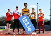 13 April 2023; Athletics clubs from around Ireland were on hand at the announcement of 123.ie’s new offer to support clubs across Ireland. See 123.ie/athleticsireland.ie for more. Pictured, from left, is Michelle O'Driscoll of Tallaght AC, Cillian Dunne of Gowran AC, Alex Ademola of Leevale, Renne Crotty of Annalee AC, and Cian Grogan of Tallaght AC at Tallaght Athletics Club in Dublin. Photo by Eóin Noonan/Sportsfile