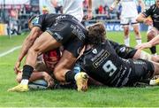 14 April 2023; Tom Stewart of Ulster scores his side's second try  during the United Rugby Championship match between Ulster and Dragons at the Kingspan Stadium in Belfast. Photo by John Dickson/Sportsfile