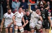 14 April 2023; Jeffrey Toomaga-Allen of Ulster celebrates an Ulster try, scored by teammate Tom Stewart, during the United Rugby Championship match between Ulster and Dragons at the Kingspan Stadium in Belfast. Photo by Ramsey Cardy/Sportsfile