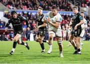 14 April 2023; Nick Timoney of Ulster on his way to scoring his side a try during the United Rugby Championship match between Ulster and Dragons at the Kingspan Stadium in Belfast. Photo by John Dickson/Sportsfile